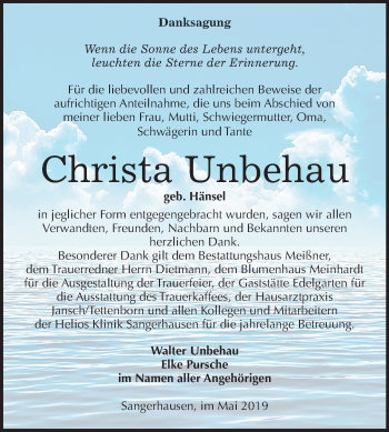 Traueranzeige von Christa Unbehau von Mitteldeutsche Zeitung Sangerhausen