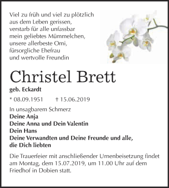 Traueranzeige von Christel Brett von WVG - Wochenspiegel Wittenberg