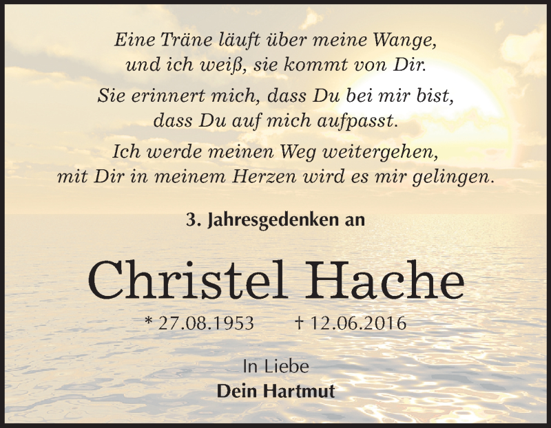  Traueranzeige für Christel Hache vom 12.06.2019 aus Mitteldeutsche Zeitung Dessau-Roßlau