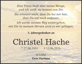 Traueranzeige von Christel Hache von WVG - Wochenspiegel Dessau / Köthen