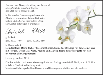 Traueranzeige von Christel Klose von WVG - Wochenspiegel NMB / WSF / ZTZ