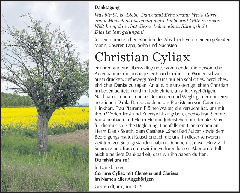  Traueranzeige für Christian Cyliax vom 01.06.2019 aus Mitteldeutsche Zeitung