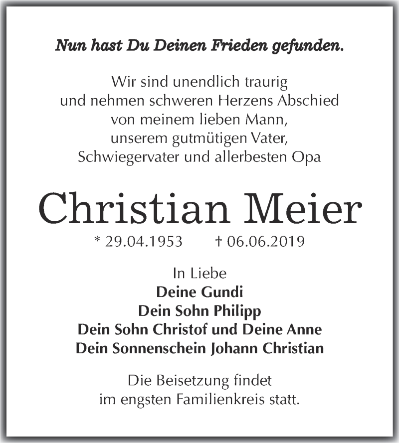  Traueranzeige für Christian Meier vom 15.06.2019 aus WVG - Wochenspiegel Wittenberg