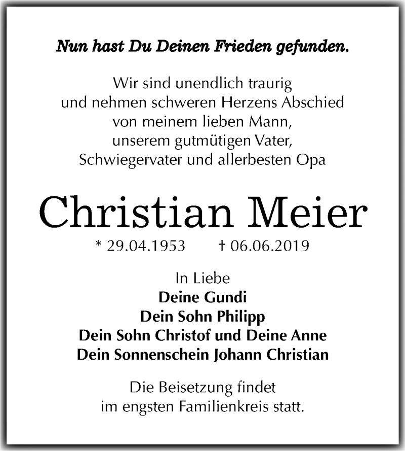  Traueranzeige für Christian Meier vom 15.06.2019 aus Mitteldeutsche Zeitung