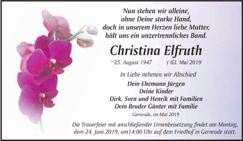 Traueranzeige von Christina Elfruth von WVG - Wochenspiegel Quedlinburg