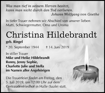 Traueranzeige von Christina Hildebrandt von Mitteldeutsche Zeitung Halle/Saalkreis