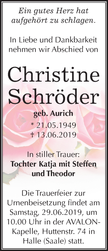 Traueranzeige von Christine Schröder von Mitteldeutsche Zeitung Halle/Saalkreis