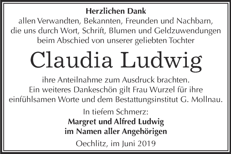  Traueranzeige für Claudia Ludwig vom 08.06.2019 aus WVG - Wochenspiegel Merseburg
