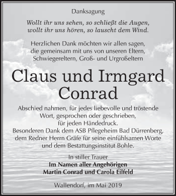 Traueranzeige von Claus und Irmgard Conrad von WVG - Wochenspiegel Merseburg