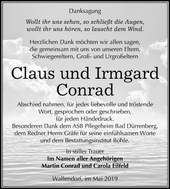 Traueranzeige von Claus und Irmgard Conrad von Mitteldeutsche Zeitung