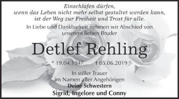 Traueranzeige von Detlef Rehling von WVG - Wochenspiegel Dessau / Köthen