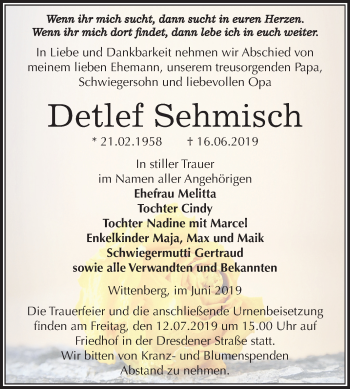 Traueranzeige von Detlef Sehmisch von Mitteldeutsche Zeitung