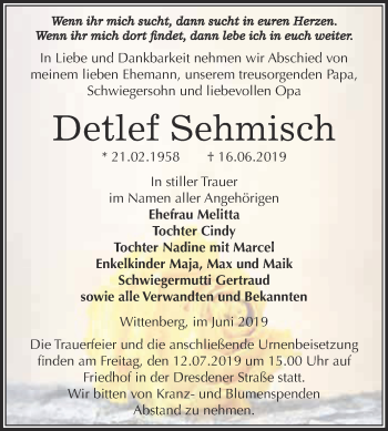 Traueranzeige von Detlef Sehmisch von WVG - Wochenspiegel Wittenberg