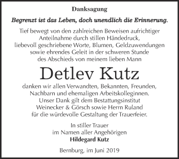 Traueranzeige von Detlev Kutz von Super Sonntag Bernburg