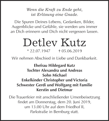 Traueranzeige von Detlev Kutz von Super Sonntag Bernburg