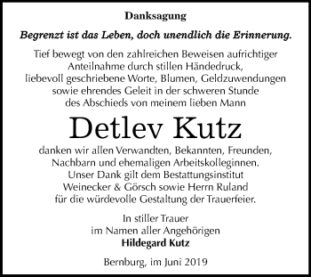 Traueranzeige von Detlev Kutz von Mitteldeutsche Zeitung Bernburg