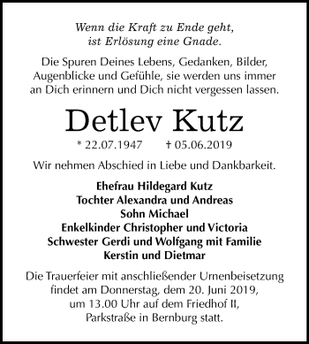Traueranzeige von Detlev Kutz von Mitteldeutsche Zeitung Bernburg