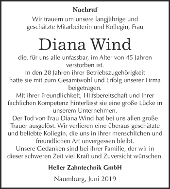 Traueranzeige von Diana Wind von WVG - Wochenspiegel NMB / WSF / ZTZ