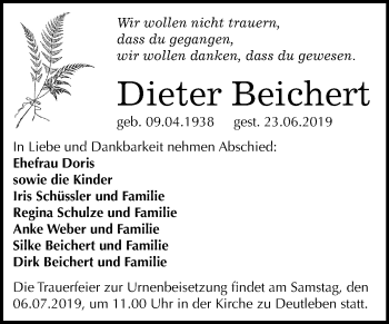Traueranzeige von Dieter Beichert von Mitteldeutsche Zeitung Halle/Saalkreis