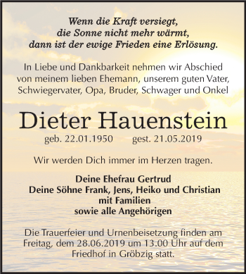 Traueranzeige von Dieter Hauenstein von Mitteldeutsche Zeitung Köthen