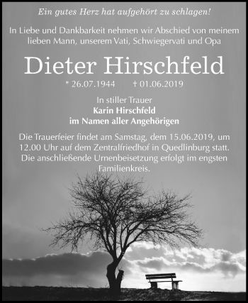 Traueranzeige von Dieter Hirschfeld von Mitteldeutsche Zeitung