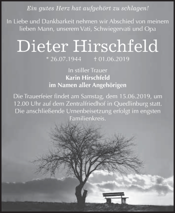 Traueranzeige von Dieter Hirschfeld von WVG - Wochenspiegel Quedlinburg
