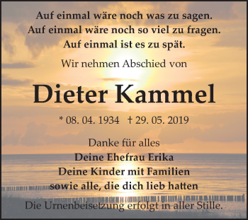 Traueranzeige von Dieter Kammel von Mitteldeutsche Zeitung Bitterfeld
