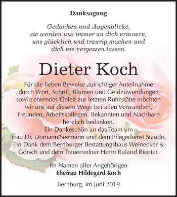 Traueranzeige von Dieter Koch von Mitteldeutsche Zeitung Bernburg