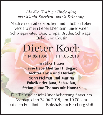 Traueranzeige von Dieter Koch von Mitteldeutsche Zeitung Bernburg