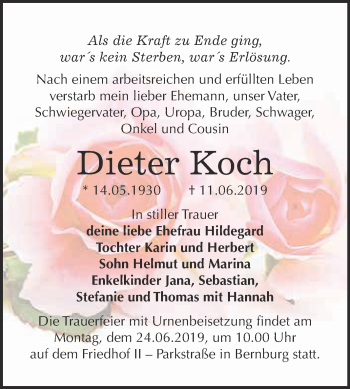 Traueranzeige von Dieter Koch von Super Sonntag Bernburg