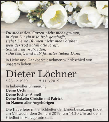 Traueranzeige von Dieter Löchner von WVG - Wochenspiegel Quedlinburg