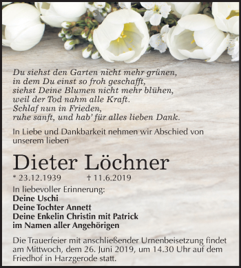 Traueranzeige von Dieter Löchner von Mitteldeutsche Zeitung Quedlinburg