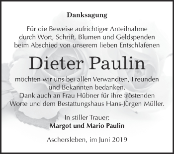 Traueranzeige von Dieter Paulin von Super Sonntag Aschersleben