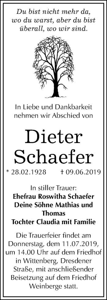 Traueranzeige von Dieter Schaefer von Mitteldeutsche Zeitung
