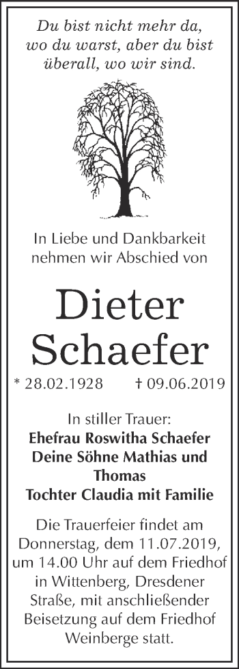 Traueranzeige von Dieter Schaefer von WVG - Wochenspiegel Wittenberg
