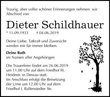 Traueranzeige von Dieter Schildhauer von Mitteldeutsche Zeitung Dessau-Roßlau