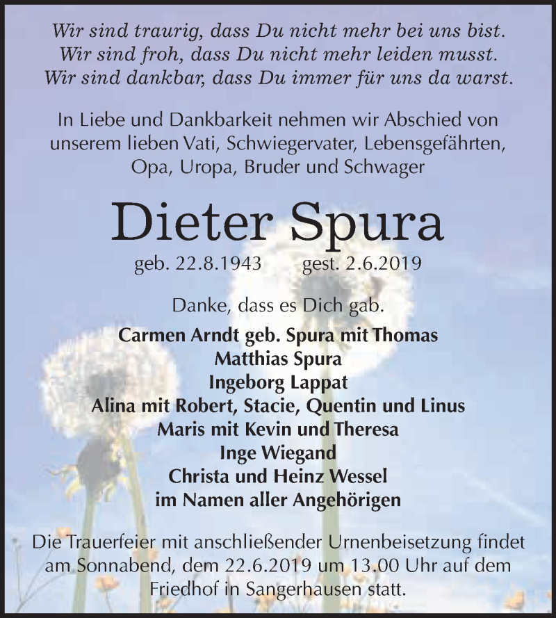  Traueranzeige für Dieter Spura vom 15.06.2019 aus Super Sonntag SGH Mansf. Land