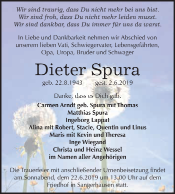 Traueranzeige von Dieter Spura von Super Sonntag SGH Mansf. Land