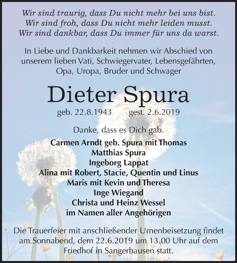  Traueranzeige für Dieter Spura vom 15.06.2019 aus Mitteldeutsche Zeitung