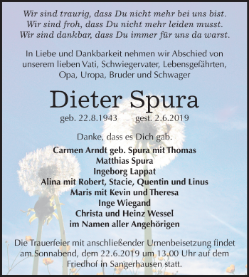Traueranzeige von Dieter Spura von Mitteldeutsche Zeitung