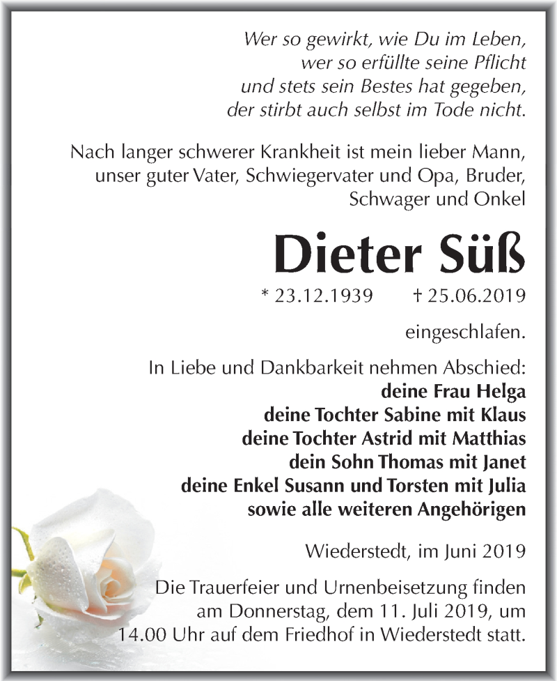  Traueranzeige für Dieter Süß vom 29.06.2019 aus Mitteldeutsche Zeitung