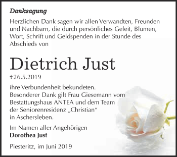 Traueranzeige von Dietrich Just von Super Sonntag Wittenberg