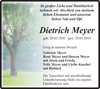 Traueranzeige von Dietrich Meyer von Mitteldeutsche Zeitung Quedlinburg