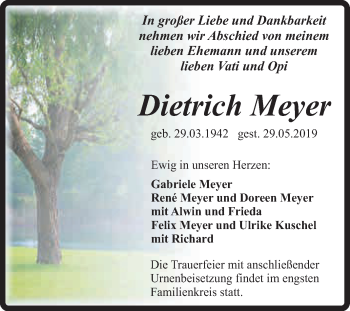 Traueranzeige von Dietrich Meyer von Super Sonntag Quedlinburg