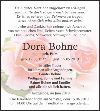 Traueranzeige von Dora Bohne von Super Sonntag Quedlinburg