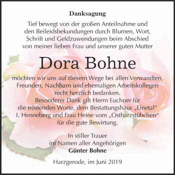 Traueranzeige von Dora Bohne von Super Sonntag Quedlinburg