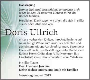 Traueranzeige von Doris Ullrich von WVG - Wochenspiegel Merseburg