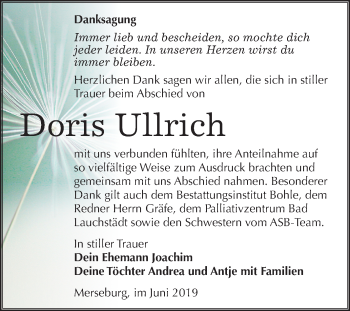 Traueranzeige von Doris Ullrich von Mitteldeutsche Zeitung