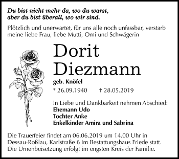 Traueranzeige von Dorit Diezmann von Mitteldeutsche Zeitung Dessau-Roßlau