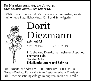 Traueranzeige von Dorit Diezmann von WVG - Wochenspiegel Dessau / Köthen